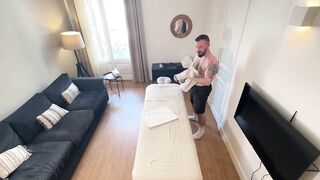 Hairy Chubby Italian Gushes Cum in Sloppy Massage Blowjob Frenzy