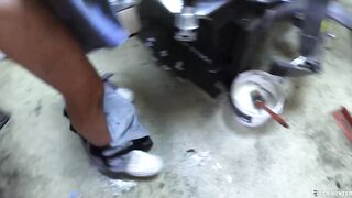 Sweaty Mechanic Chokes Jock Throat Then Pounds Man Pussy in Garage Threesome Gush