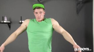 Larrys Oiled Muscle Flex Cock Gushes Thick Cum Rivers