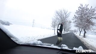 Hitchhiker Twink Big Uncut Cock Gushes Wild in Snowy Woods