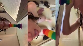 Cute Femboy Sissy Chokes Gagging on Rainbow Dildo Cum Slut Training