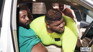 XXL Black Ass Destroyed in Car Trunk Threesome Cum Flood
