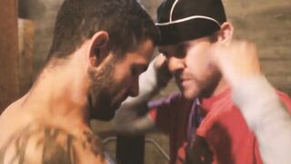 Tattooed Muscle Jock Chokes Cherub on Gushing Big Cock Cum Flood
