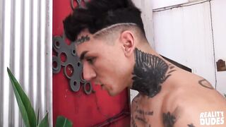 Tattooed Axel Chokes Ro with Cock Then Barebacks His Ass Outdoors Raw