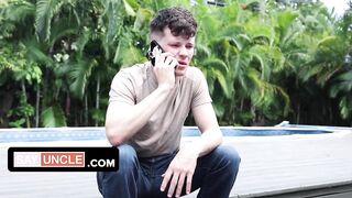Stepbro jerking off under blanket gets his cock sucked by stepdad big dick trio blows out loads