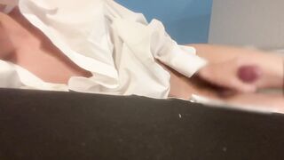 Handsome guy jerks off in y-shirt busts thick load