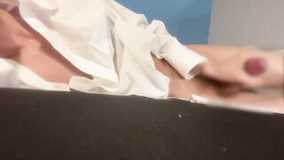 Handsome guy jerks off in y-shirt busts thick load