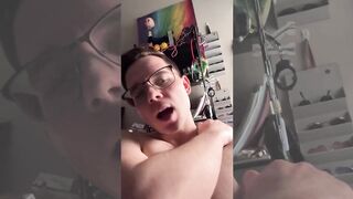 Hung twink jerks his big cock while talking dirty and choking on cum