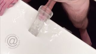 Latino uncut cock throbbing in stroker till thick cum gushes