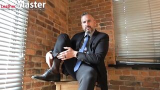 Sheer stockings squeezing gay boss feet in formal shoes