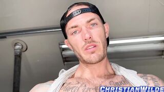 Handyman destroys his big tattooed cock with rough gay jerkoff