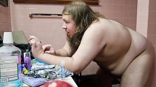 Chubby bi cock gulps thick dildo till it splatters cum
