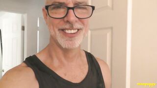 Silver daddy Richard Lennox teases his thick cock in solo cocksucking session