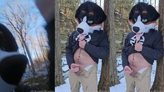 Furry jerking off in the woods leaking then shooting hard cum