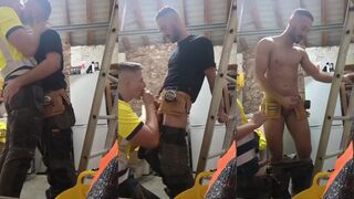 Tradie lad drops to his knees deep throat ruined with cum