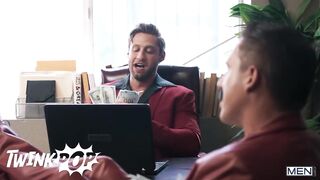 Twink Joey Mills spit roasted by big dick hunks Reese Rideout and Dom King raw fuck