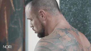 Noir Male passion wet sloppy gym warmup with muscular dick blowjob and cum on chest