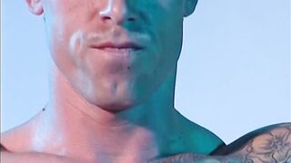 Muscle raider pops out his swollen bulge under jock revealing raw big dick gay solo action