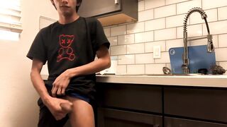 Twink Asian cutie wanks hard in messy kitchen