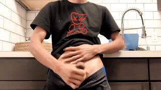 Twink Asian cutie wanks hard in messy kitchen