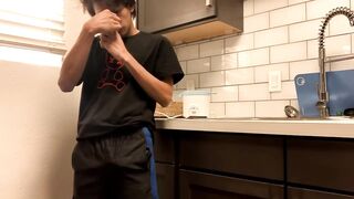 Twink Asian cutie wanks hard in messy kitchen