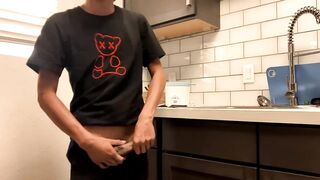 Twink Asian cutie wanks hard in messy kitchen