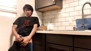 Twink Asian cutie wanks hard in messy kitchen