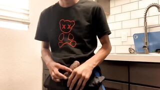 Twink Asian cutie wanks hard in messy kitchen