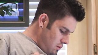 Tattooed twink deepthroats his friend then rides him raw on the kitchen floor