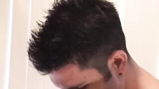 Tattooed twink deepthroats his friend then rides him raw on the kitchen floor