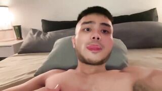Asian boy using cum as LUB while getting stuffed with dildo and creampie