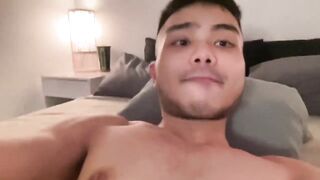 Asian boy using cum as LUB while getting stuffed with dildo and creampie