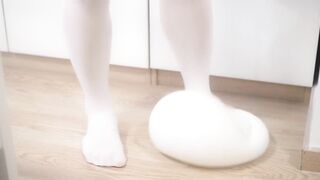 Tight white socks stomp balloon till his cock bursts cum splatter