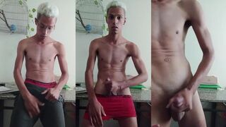 Young man wrecked by his own load in bedroom raw cumshot fest