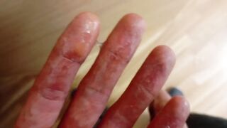 Giant dick overflowed by massive cumshot cleaned up before daddy sees