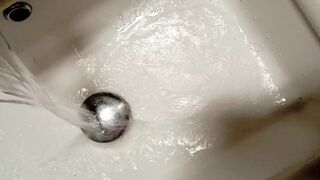 Giant dick overflowed by massive cumshot cleaned up before daddy sees