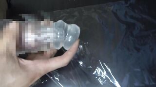 Slender asian twink gags throbbing gay handjob with artificial vagina