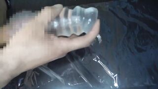Slender asian twink gags throbbing gay handjob with artificial vagina