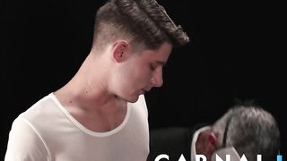 Cute Dex Devall barebacked by hung suited Daddy deep throat breeding raw