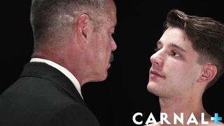 Cute Dex Devall barebacked by hung suited Daddy deep throat breeding raw