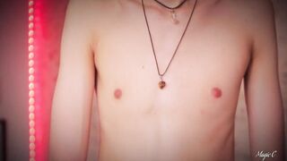 Skinny twink jacks his throbbing monster cock leaking precum all over