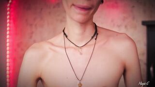 Skinny twink jacks his throbbing monster cock leaking precum all over