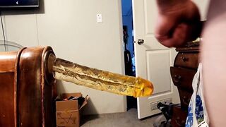 When the wife's away his big dick takes over jacking off solo with huge toy