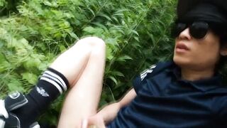 Twink Jon Arteen leaks precum fast as he fucks oiled Fleshlight outside