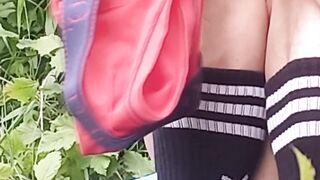 Twink Jon Arteen leaks precum fast as he fucks oiled Fleshlight outside
