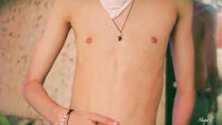 Skinny twink jerks thick cock full of sloppy precum globs