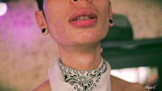 Skinny twink jerks thick cock full of sloppy precum globs