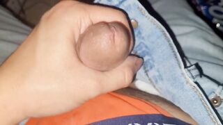 Twink jerks off till thick cum splatters his jockstrap close up