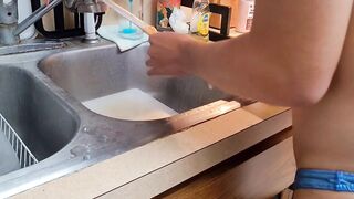 Shy twink cooks you dinner wearing just his thong