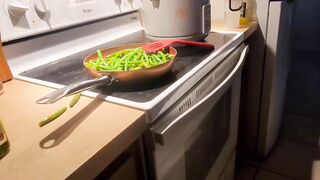 Shy twink cooks you dinner wearing just his thong